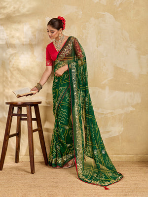 Buy Chiffon Saree Bandhani Style With Aari Work Tanmira