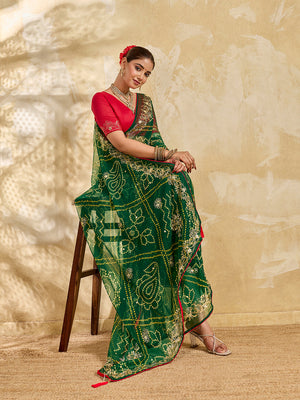 Buy Chiffon Saree Bandhani Style With Aari Work Tanmira
