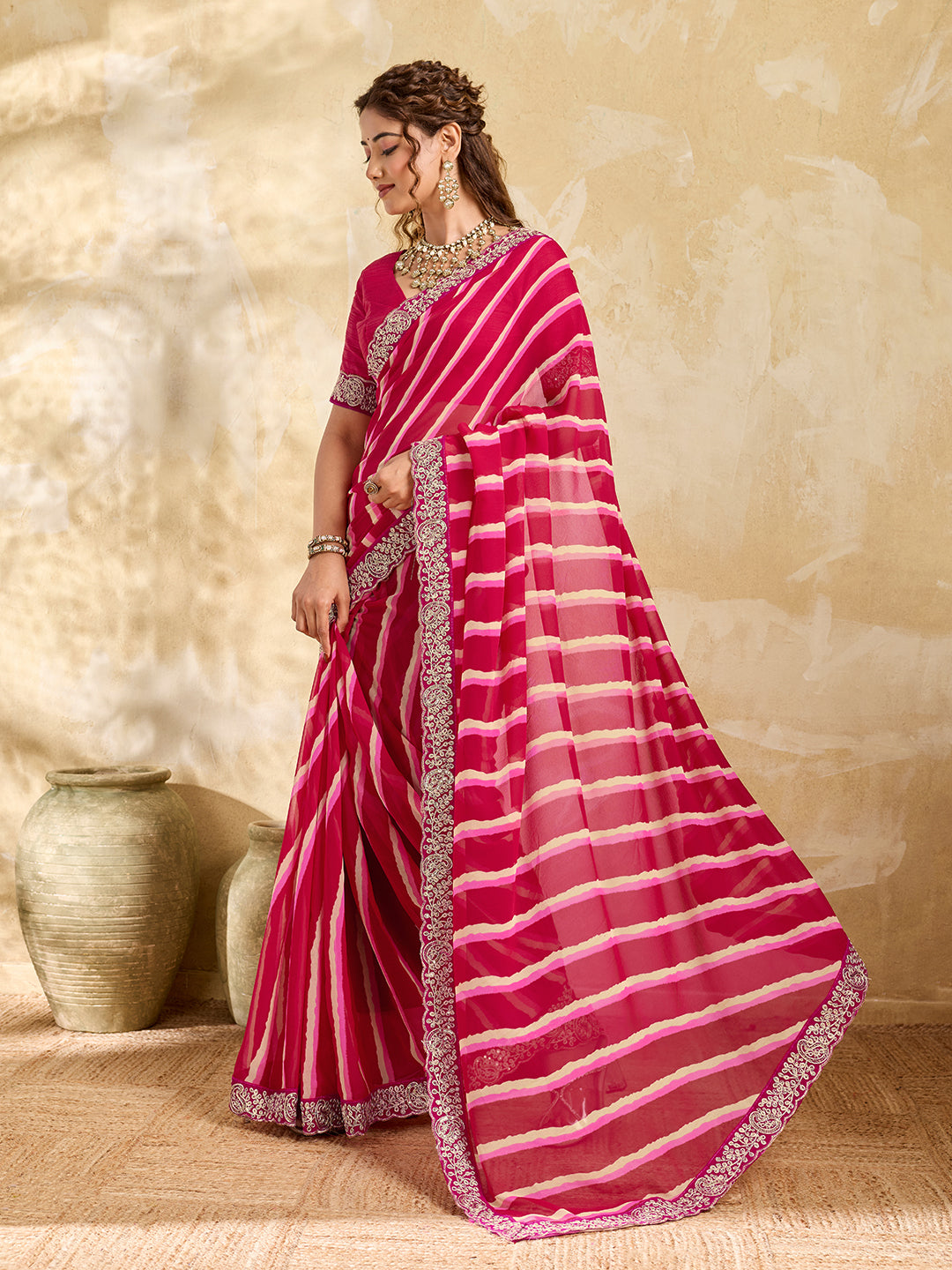 Tanmira New Chiffon Leheriya Style With Embroidery Border Work Saree STL