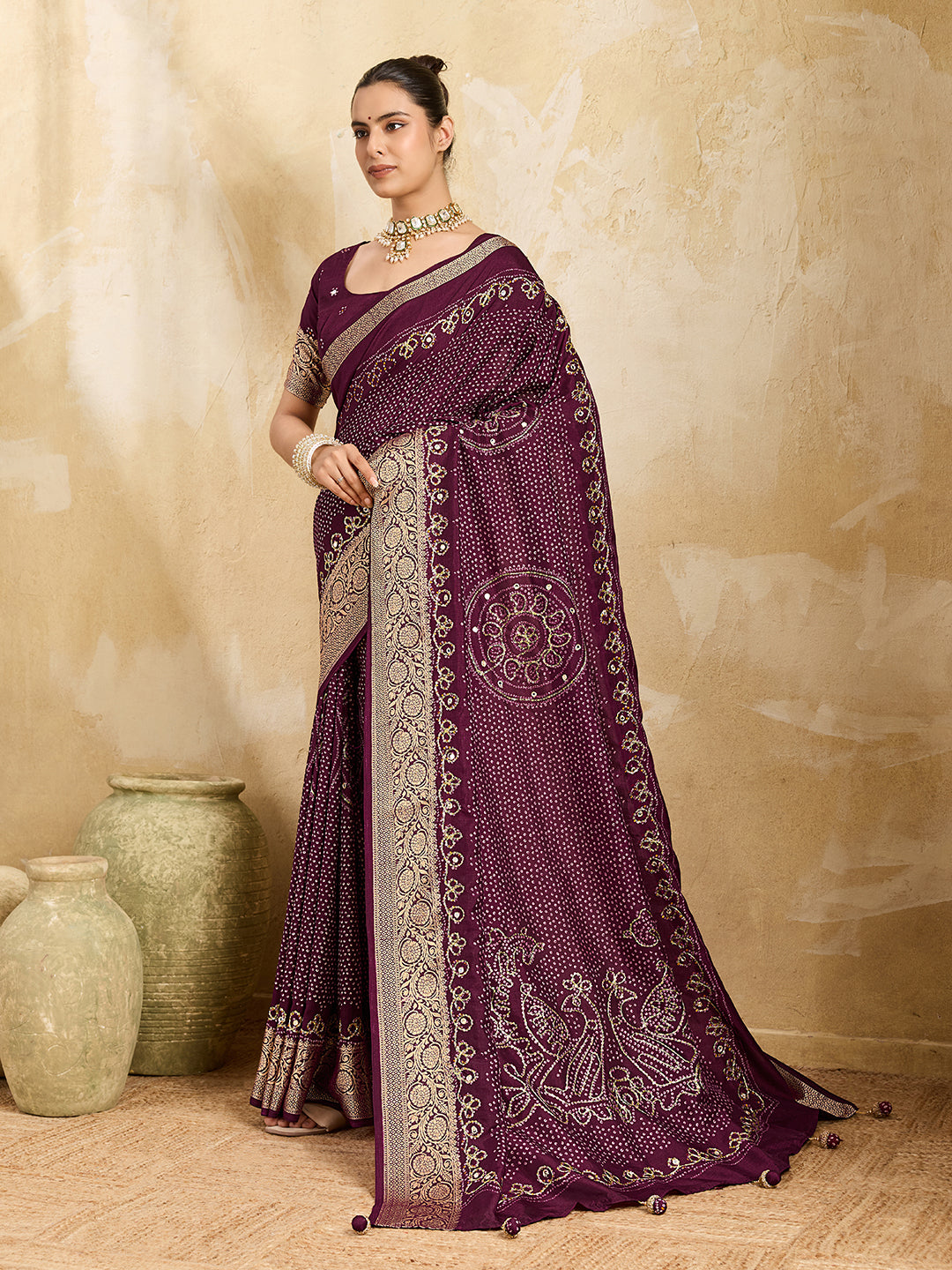 Tanmira Beautiful Viscos Silk Bandhani Print Gotapatti Aaritari work Saree Green GAN