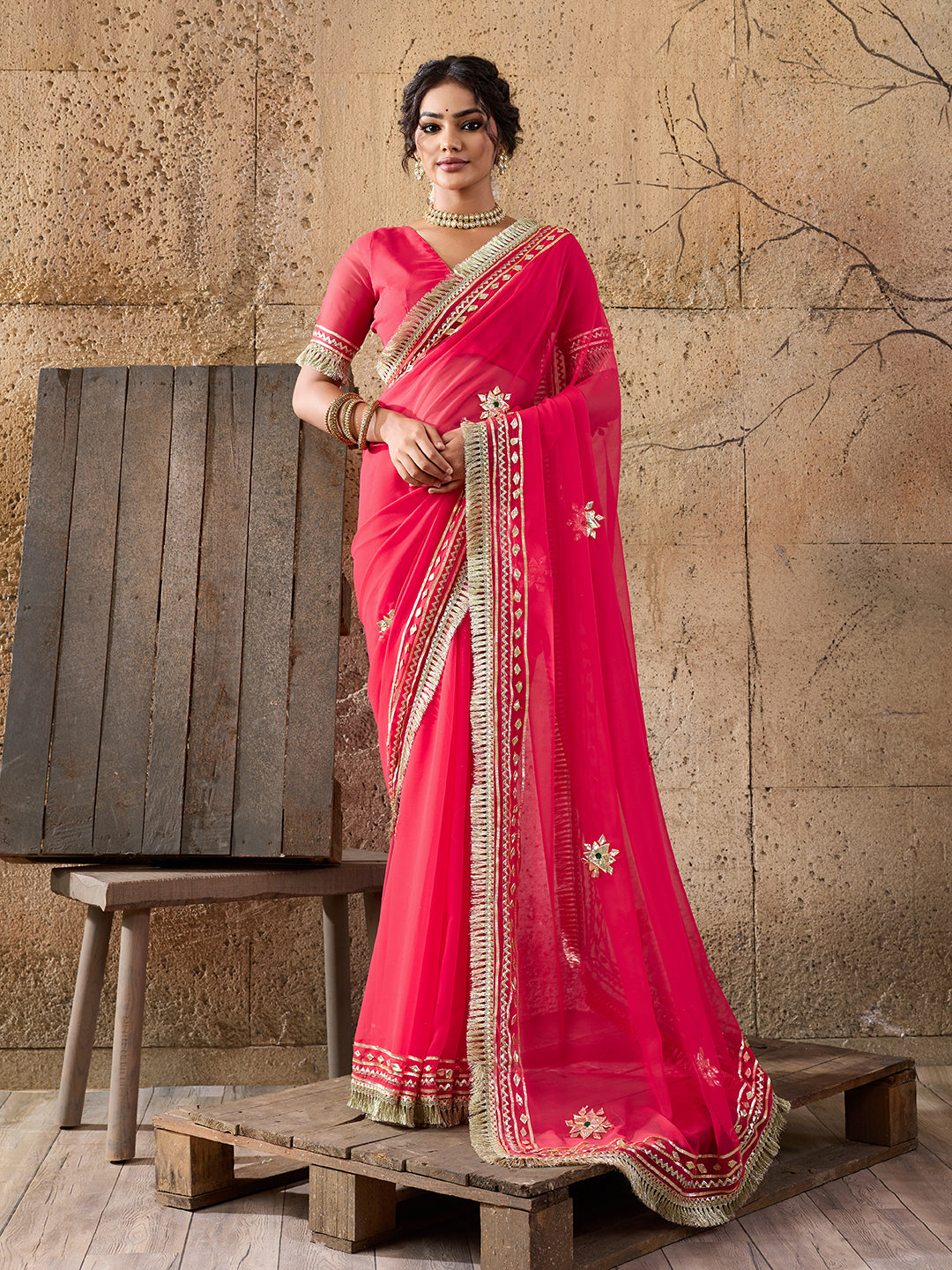 Tanmira New Elegant Pure Georgette Kacha Gotapatti Work Saree for Festive Occasions MHS
