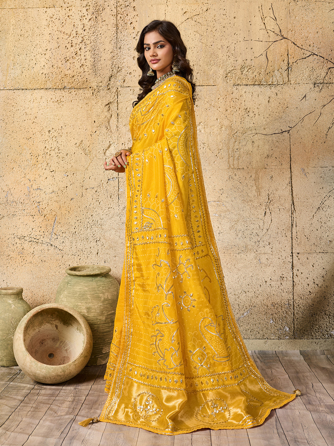 Tanmira Royal Bandhani with Kachha Gota Patti Glow Modal Silk Saree AMT