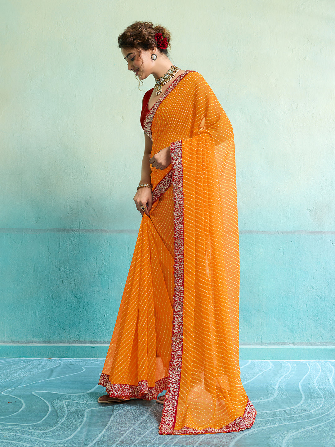 Tanmira New Spiceal Chiffon Leheriya Style With Embroidery Border Work Saree STL