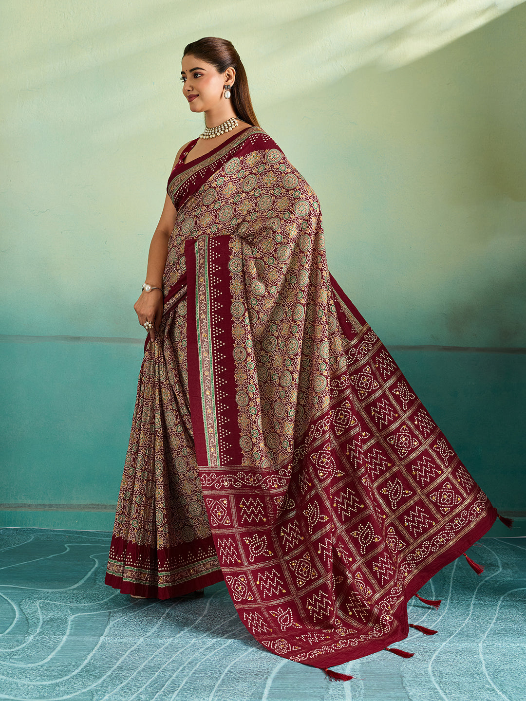 Tanmira Tussar Silk Ajrakh Saree with Aari & Aabla Work STR