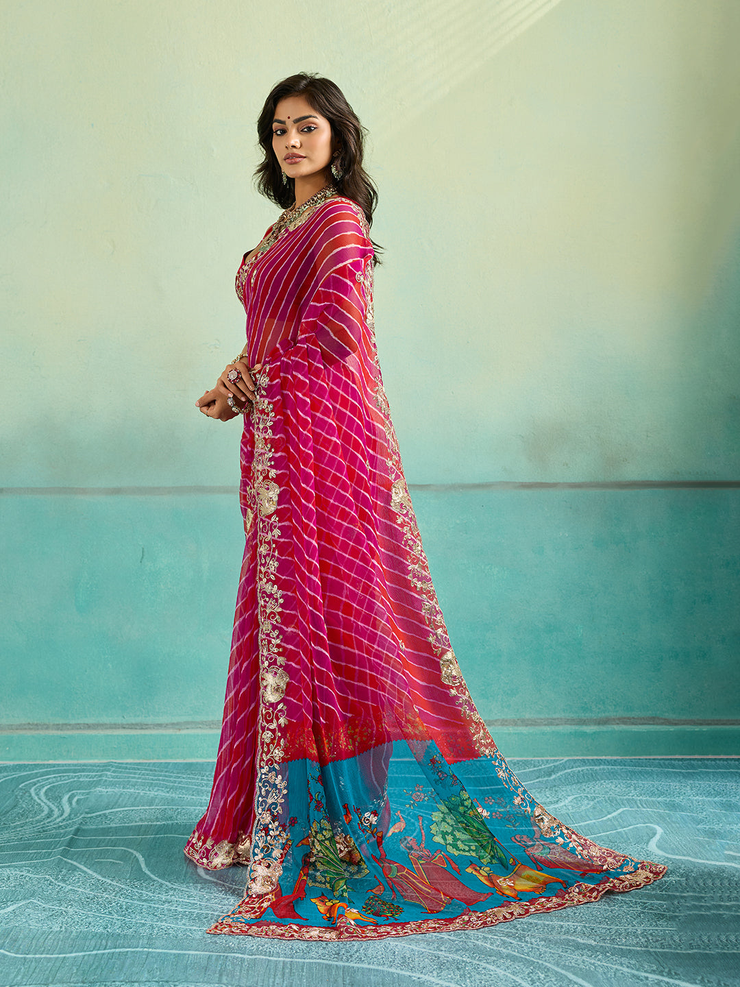 Tanmira New Premium Leheriya Kalamkari Style Saree Crafted in Soft Chiffon Georgette Fabric VND