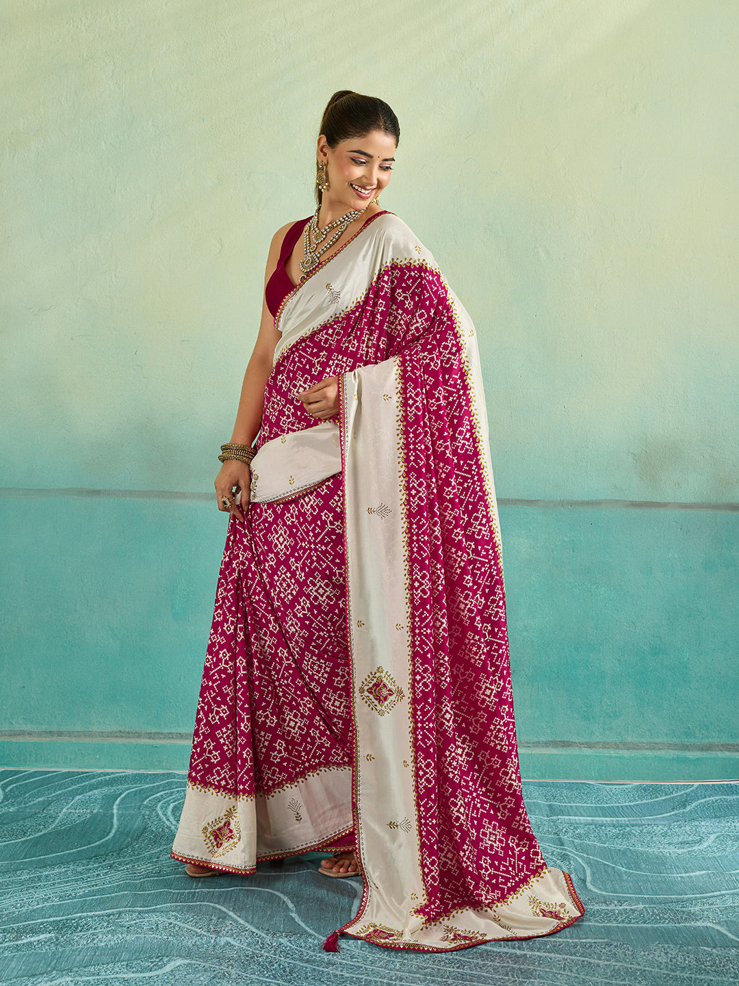 Tanmira New Latest Ajrakh Style Creap Silk Saree with Stone Work Saree STR