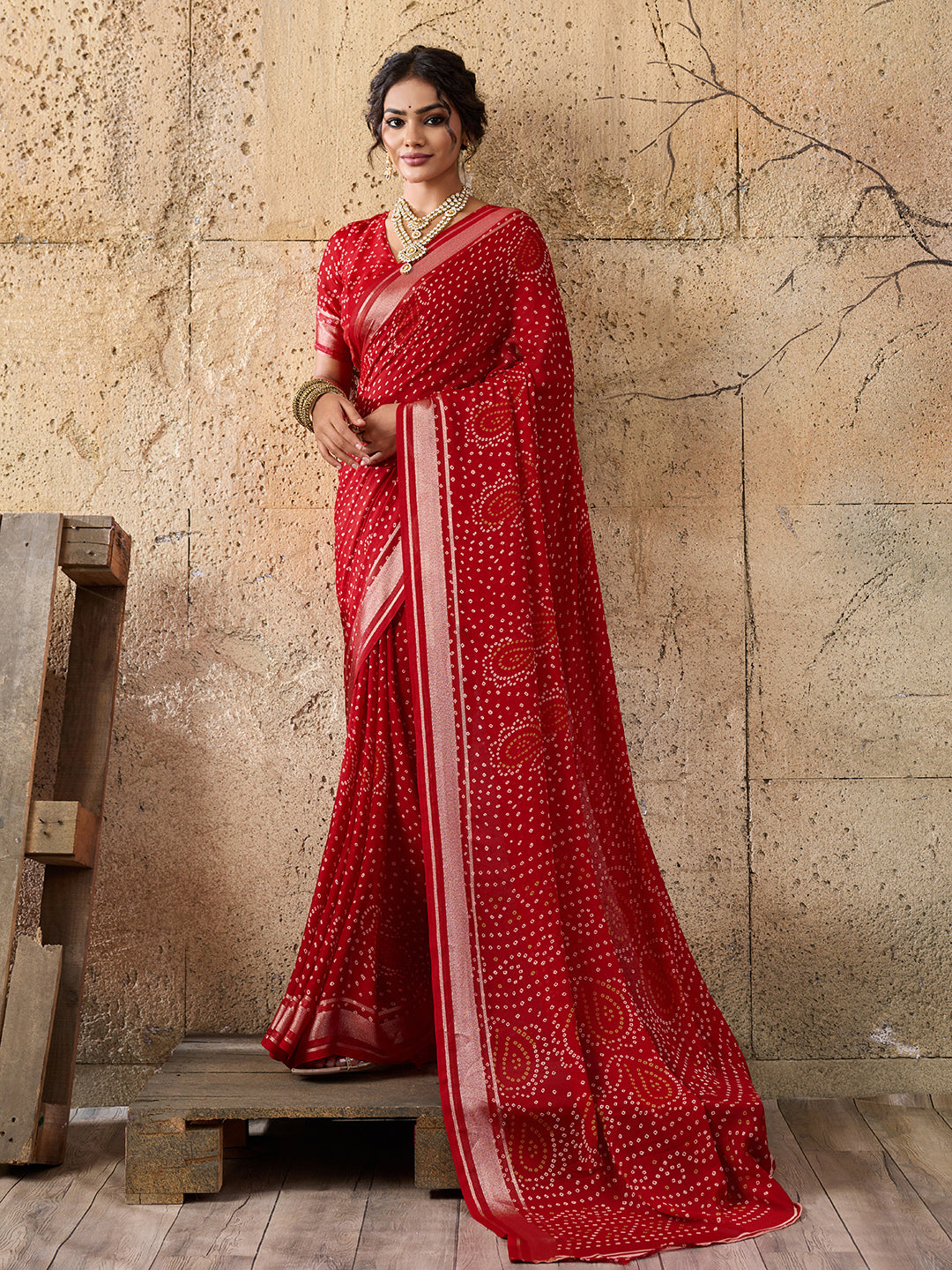 Tanmira Beautiful Light Weight Chiffon Bandhani Print Saree STL