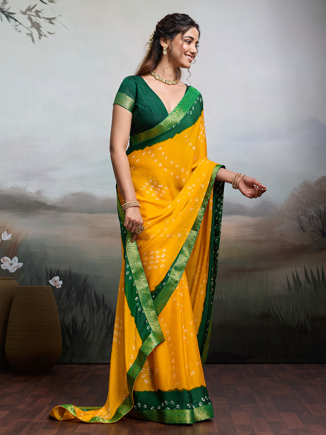 Tanmira New Launch Moss Chiffon Georgette Bandhani Sarees Yellow Green