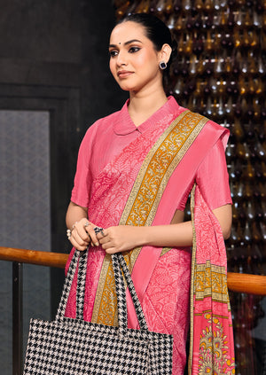 Silk Fabric Uniform Official Wear saree in peach colour under 1500