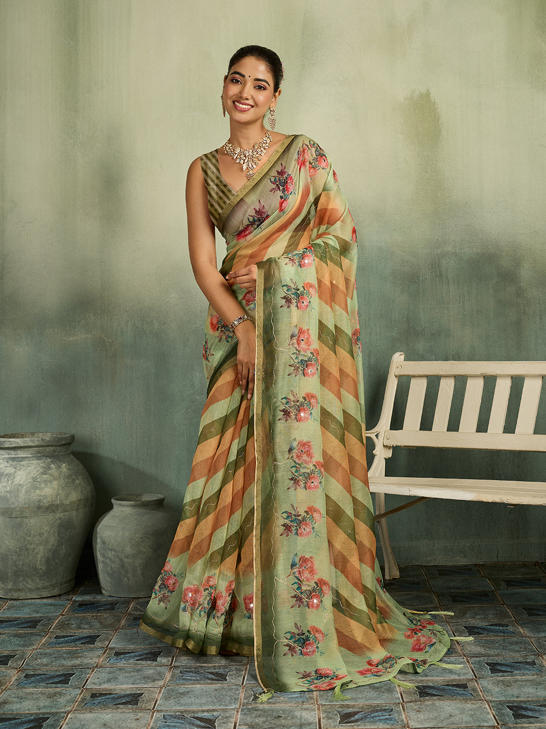 tanmira Premium Cotton Silk Leheriya Saree with Aari Tari Work Office Wear STL