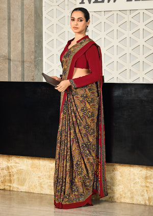 red and multicolor crepe silk saree with a geometric pattern and a red
blouse under 1500