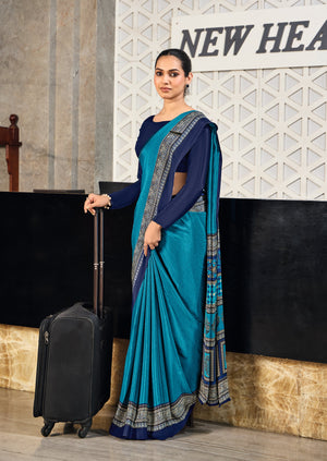 blue crepe silk saree with a geometric pattern under 1500