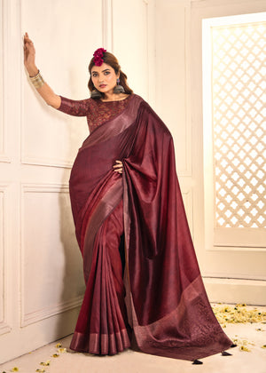 A wine red Banarasi style tissue silk saree
