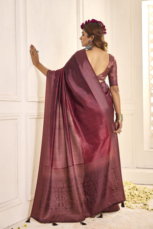A wine red Banarasi style tissue silk saree