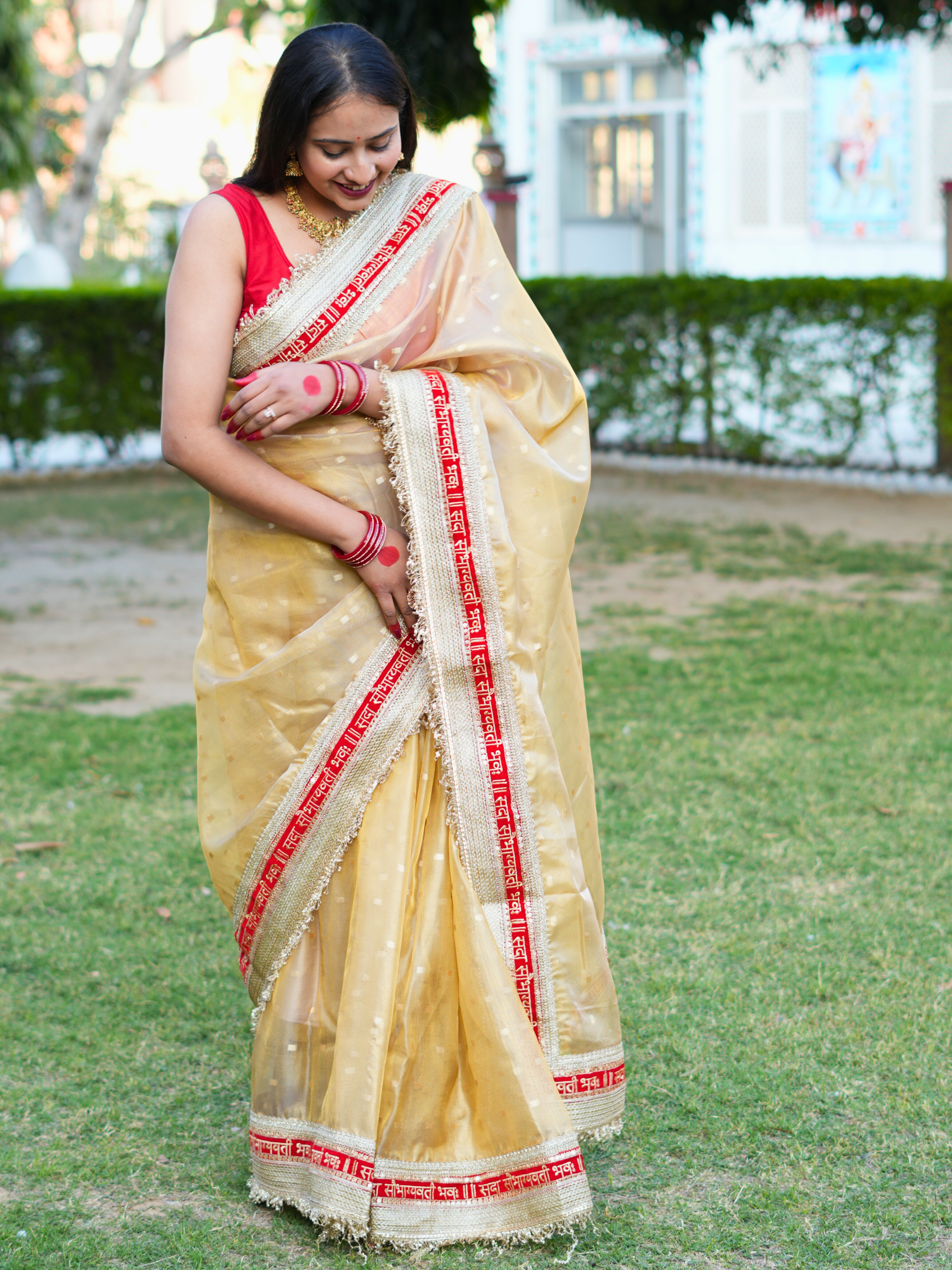 Tanmira New Premium Tissue Gold Saree for Wedding Wear with Zardosi Embellishment NSC