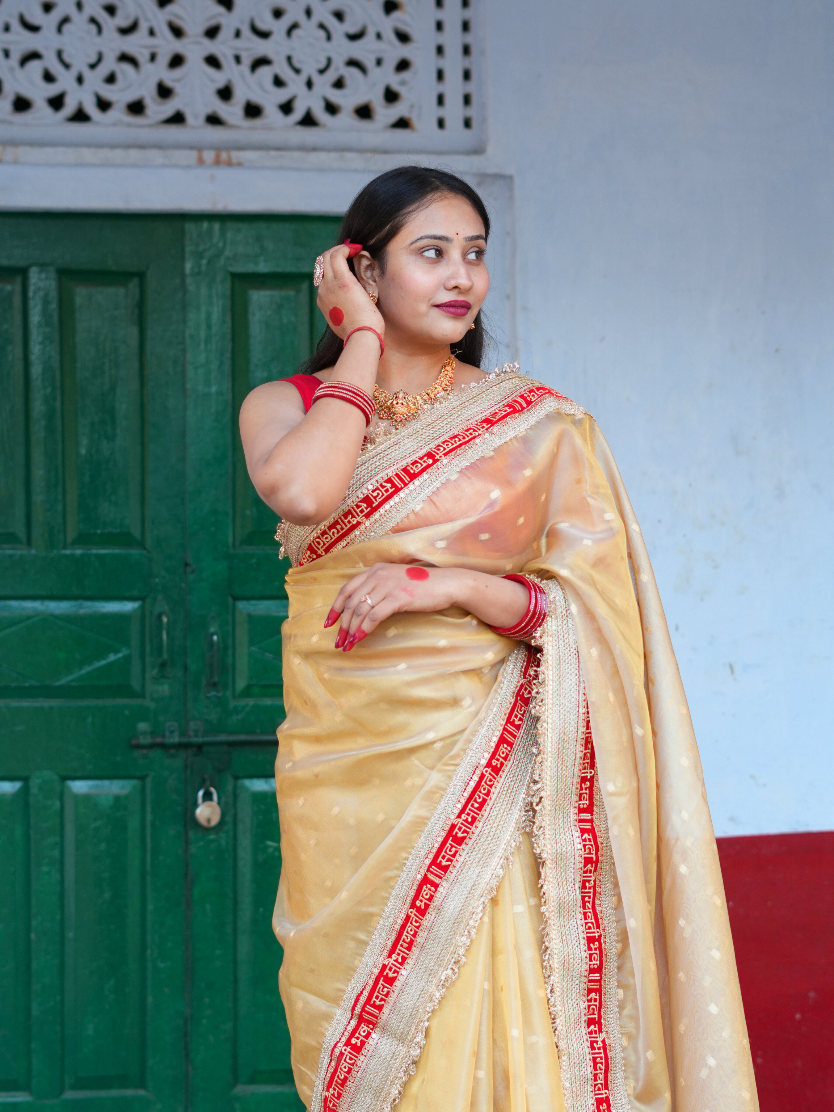 Tanmira New Premium Tissue Gold Saree for Wedding Wear with Zardosi Embellishment NSC