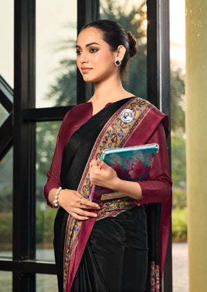 black and maroon crepe silk saree with detailed embroidery along the border and blouse under 1500