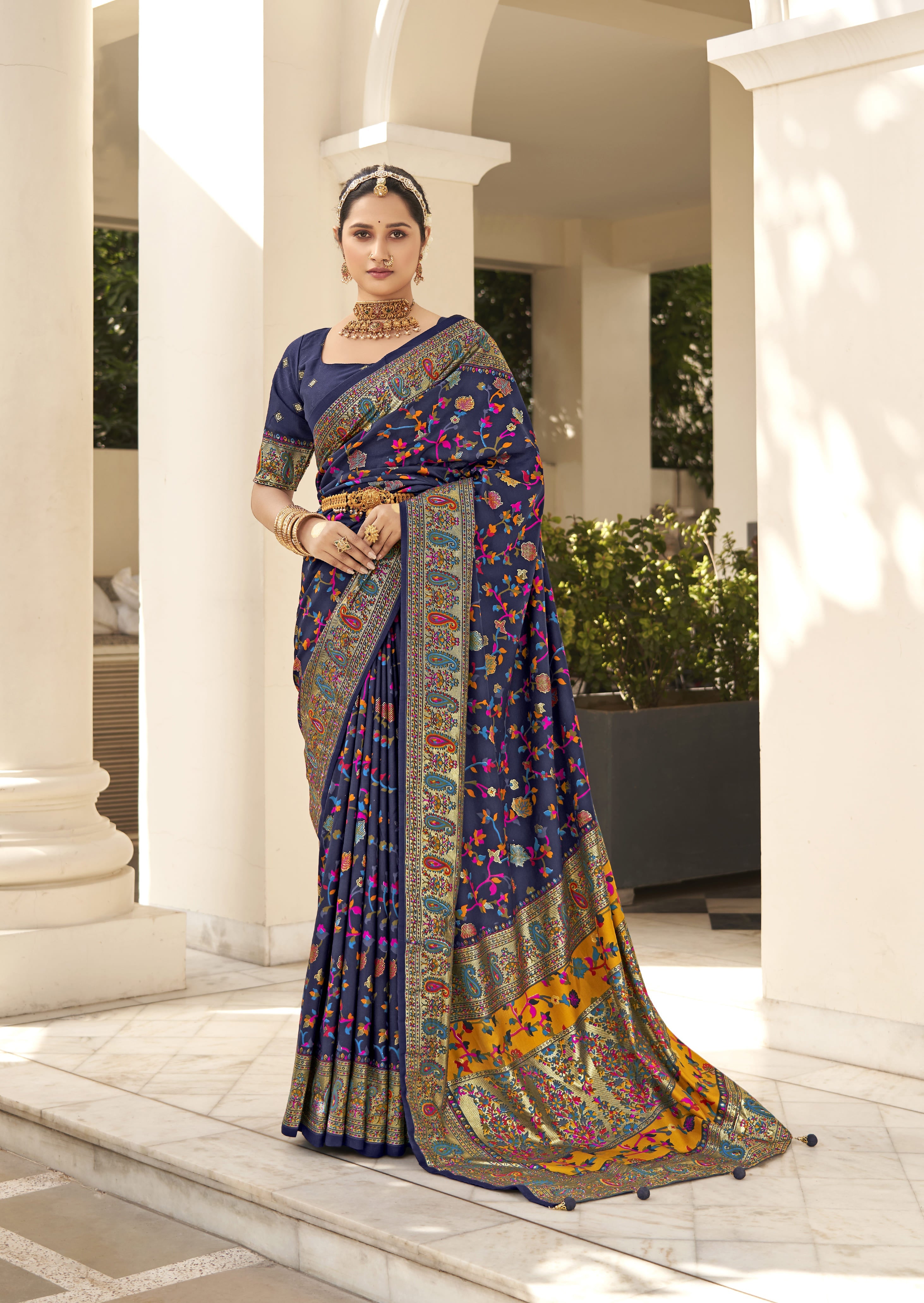 Pashmina Style saree in blue color