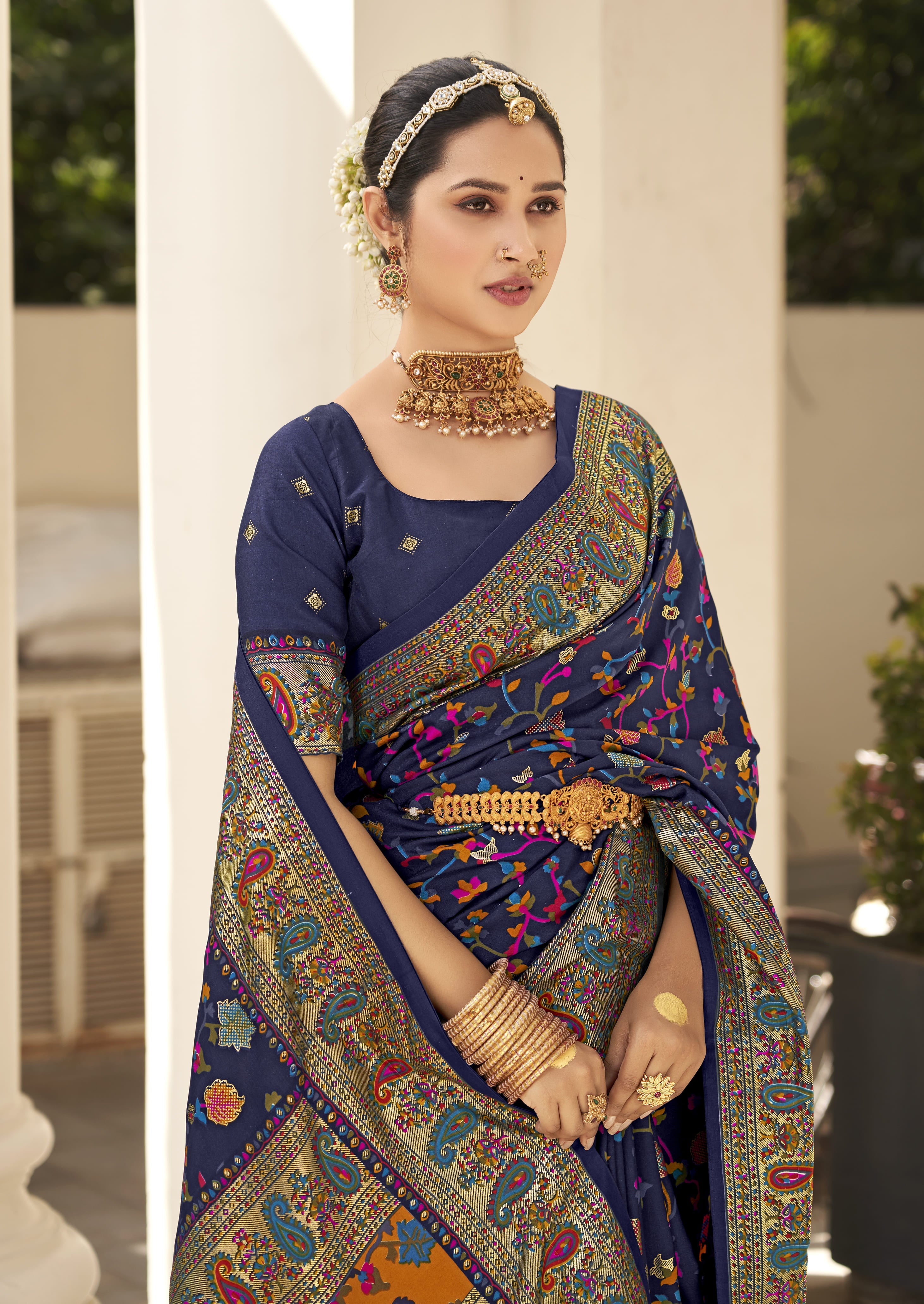 Pashmina Style saree in blue color