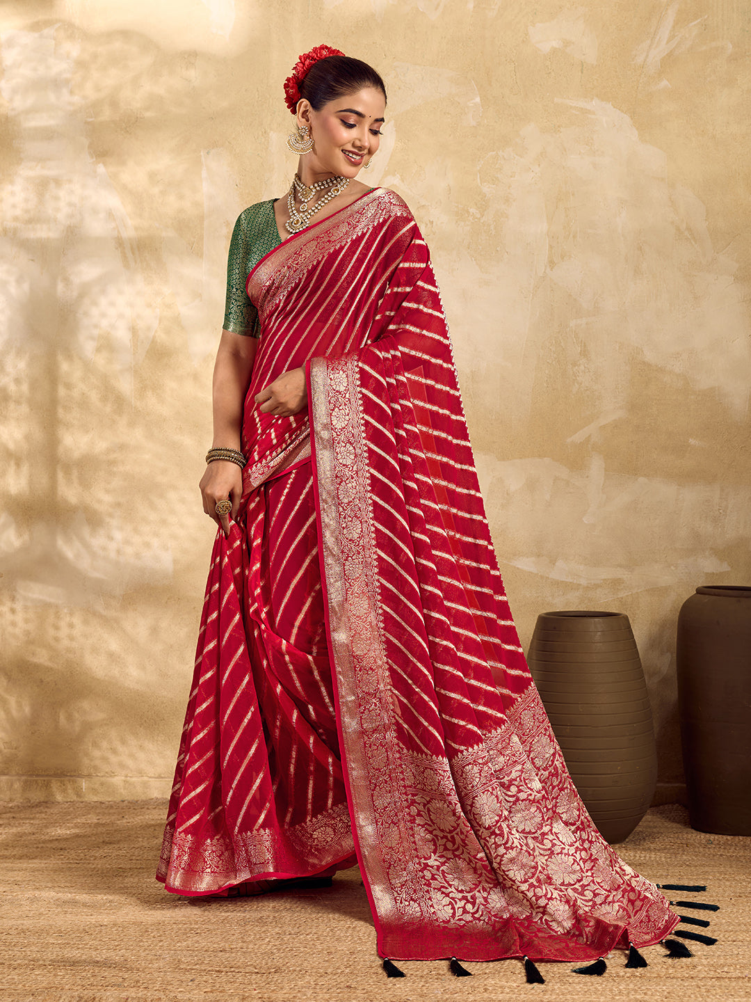 Tanmira New Launch Pure khaddi Georgette Banarasi Handloom Leheriya Zari Weaving Saree MAHA