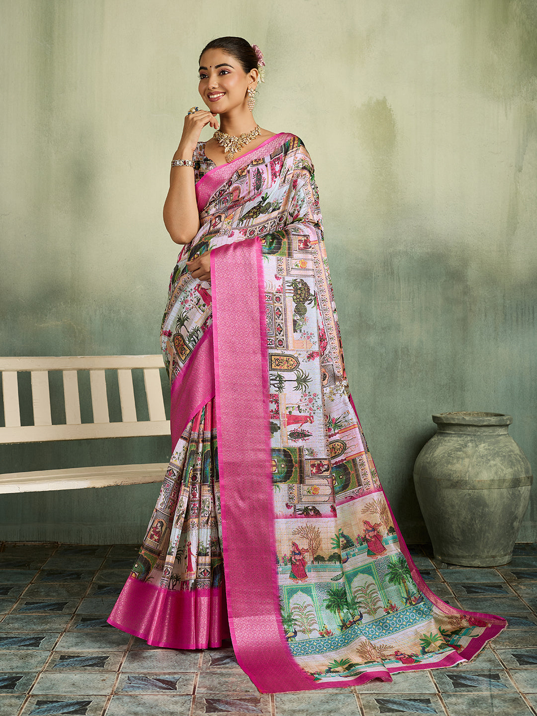 Tanmira New Beautiful Cotton Silk Kalamkari Style Zari Weaving Saree STL