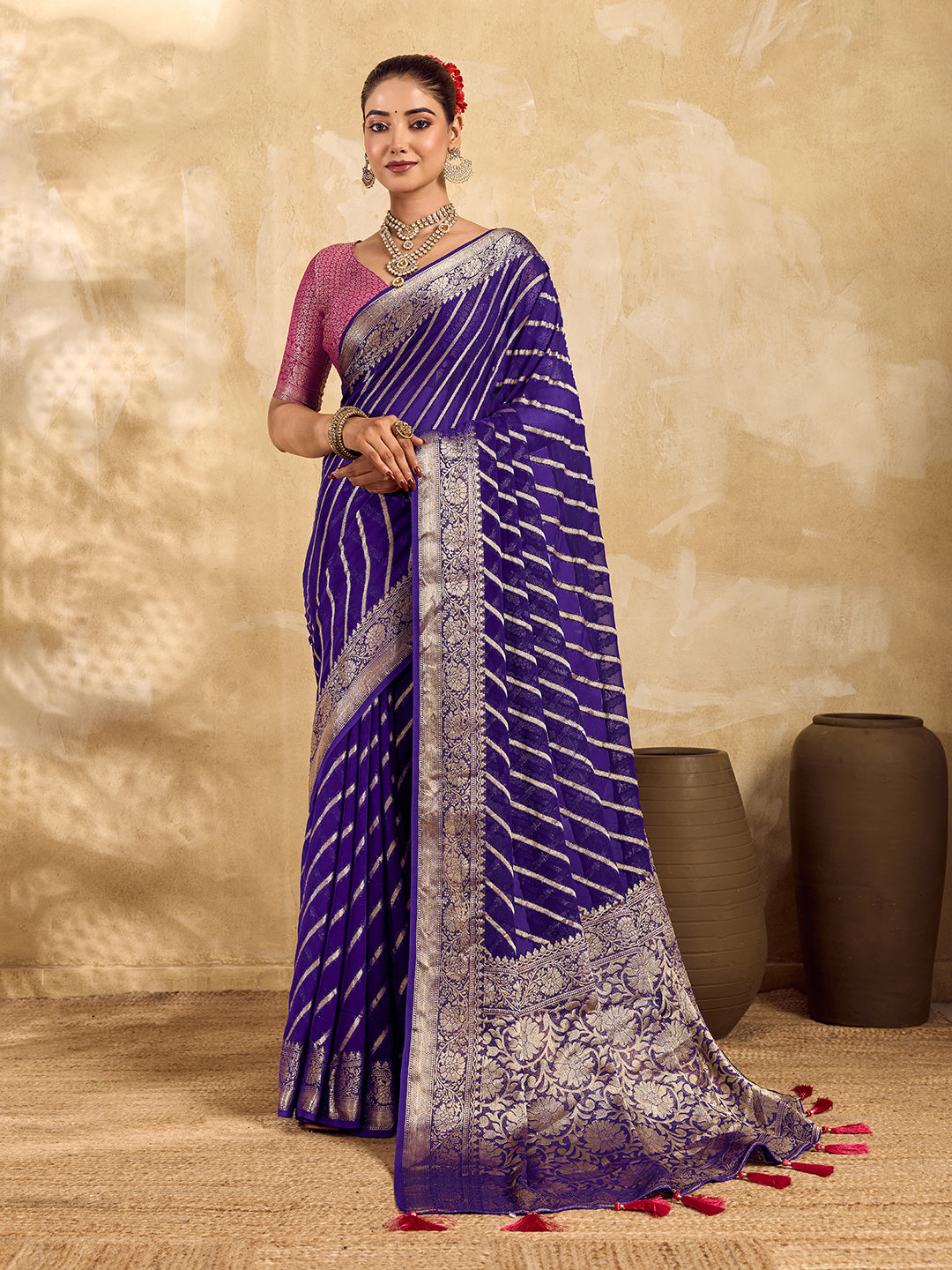 Tanmira New Pure khaddi Georgette Banarasi Handloom Leheriya Zari Weaving Saree MAHA