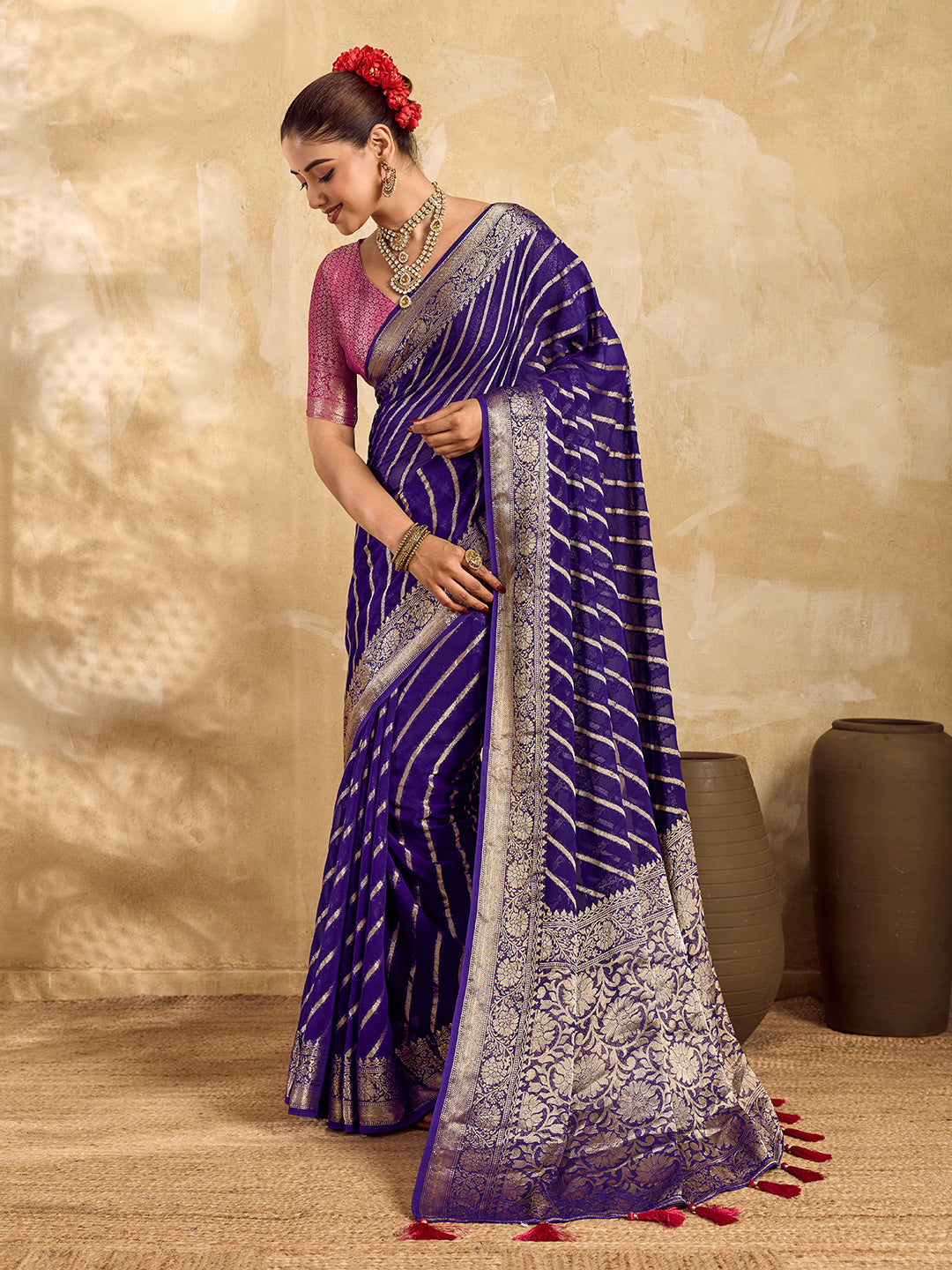 Tanmira New Pure khaddi Georgette Banarasi Handloom Leheriya Zari Weaving Saree MAHA