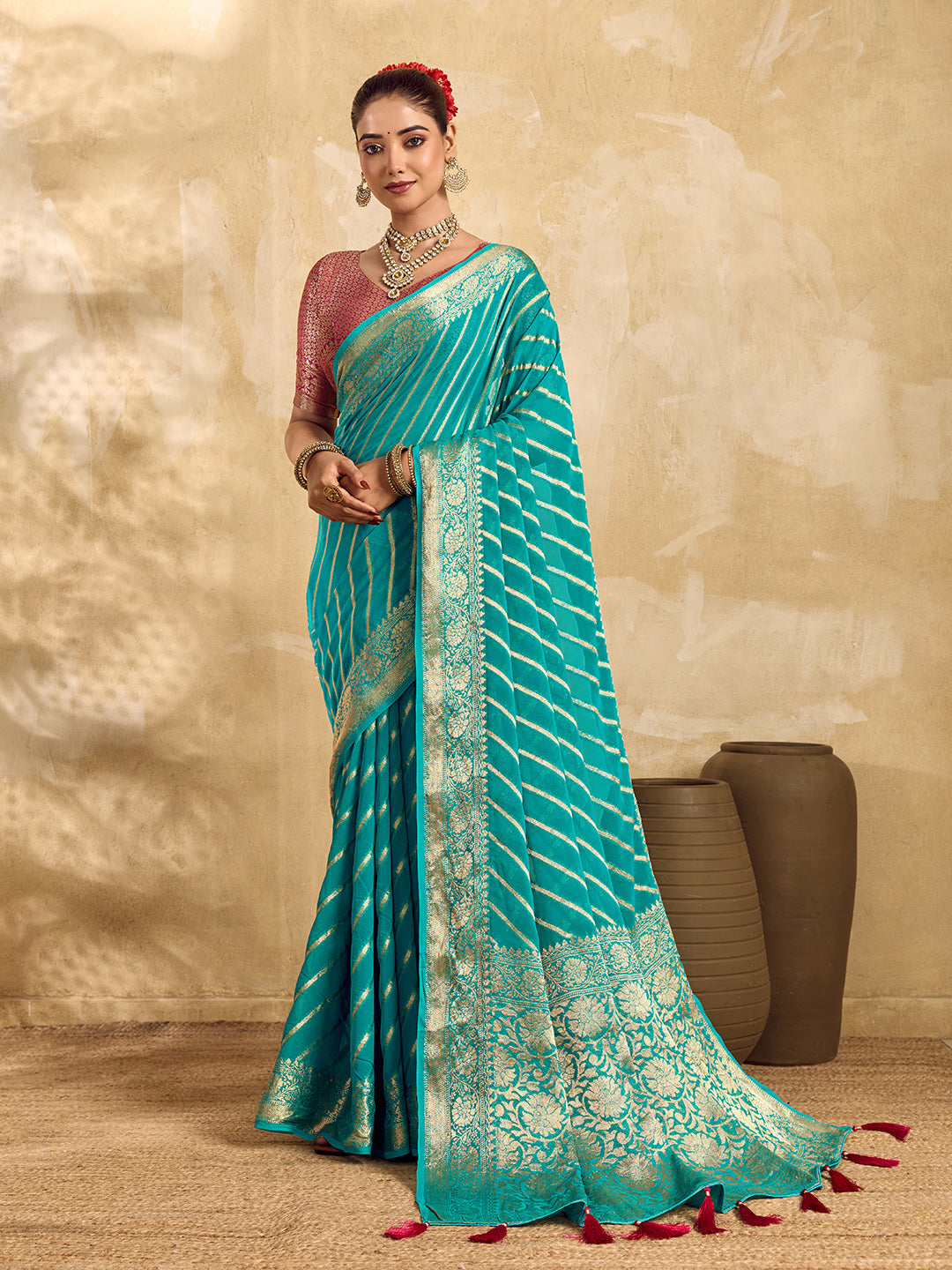 Tanmira New Latest Pure khaddi Georgette Banarasi Handloom Leheriya Zari Weaving Saree MAHA