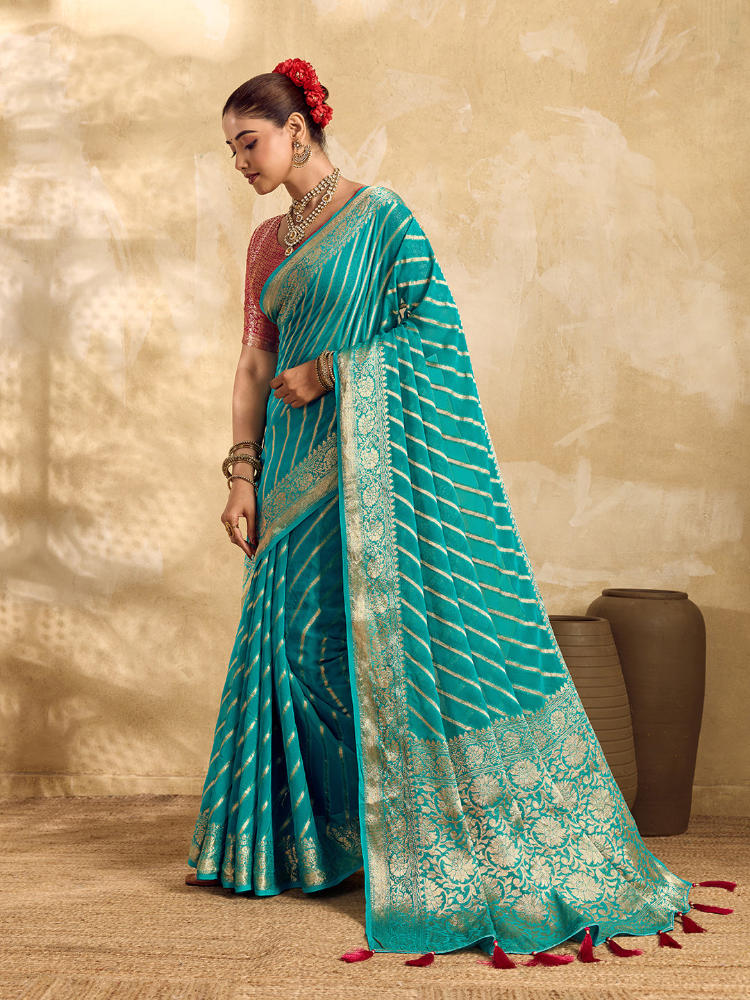Tanmira New Latest Pure khaddi Georgette Banarasi Handloom Leheriya Zari Weaving Saree MAHA