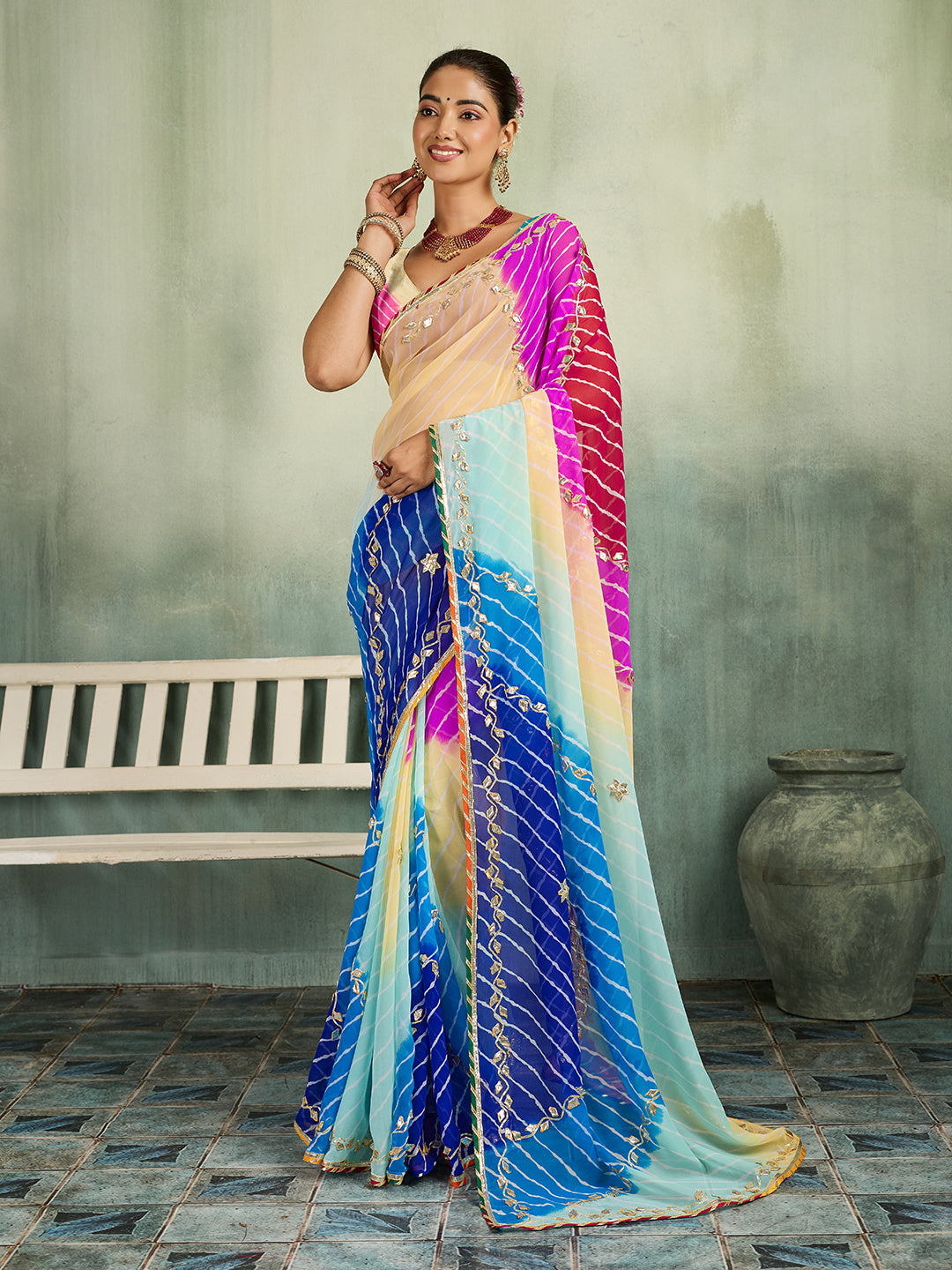 Tanmira New Launch Georgette Multicolour Jaipuri Gotapatti Leheriya Saree MHS