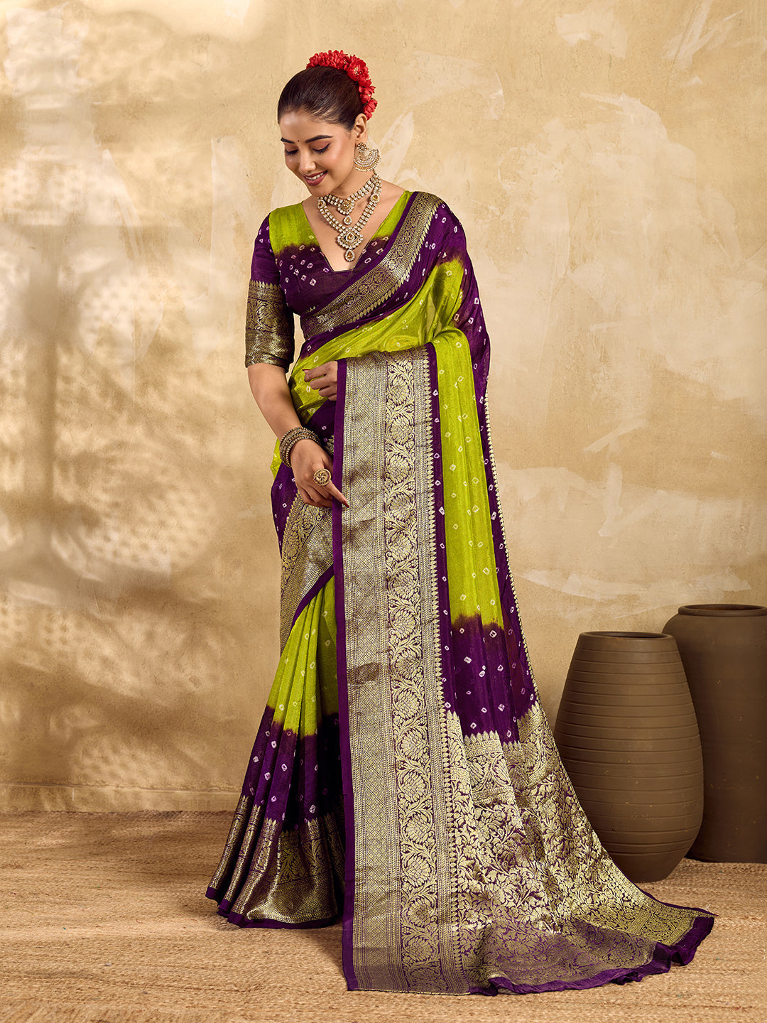 Buy Viscos Silk Bandhani Saree With Zari Border under 2000