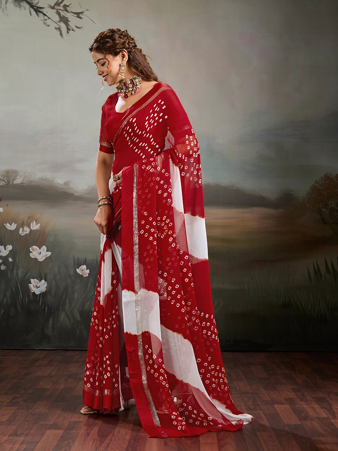 Tanmira New Pure Georgette Multi Colour Satin Patta Border Bandhni saree GRN