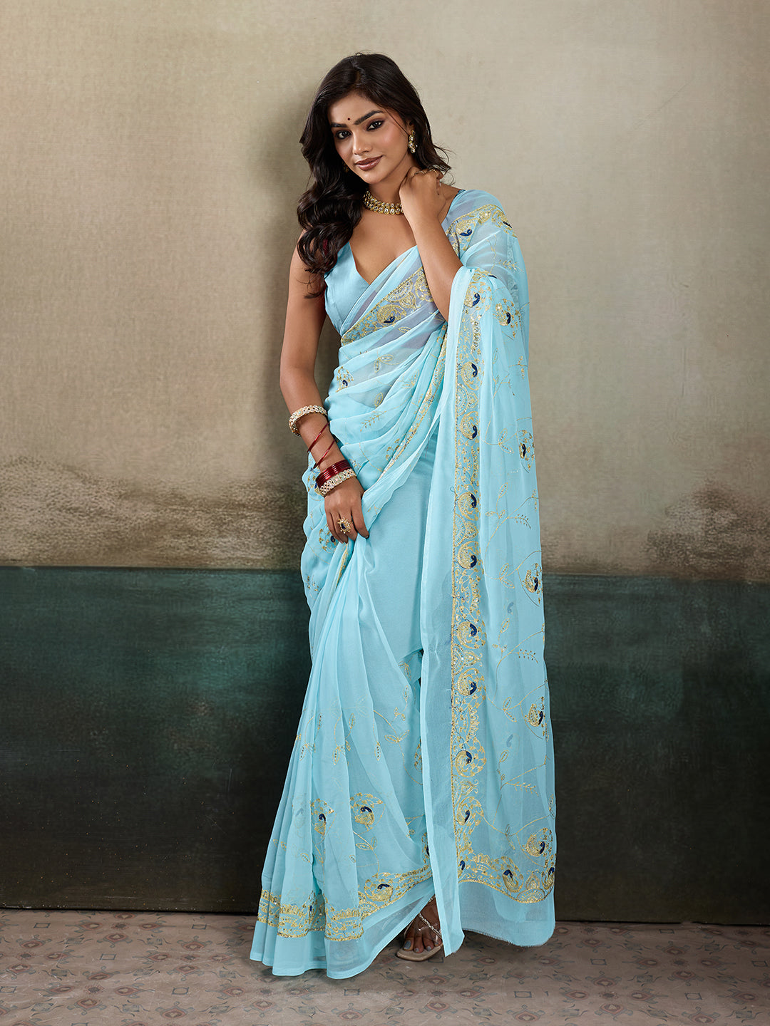 Tanmira New Traditional Designer Style Georgette Saree with Handcrafted Aari Tari Work JAY