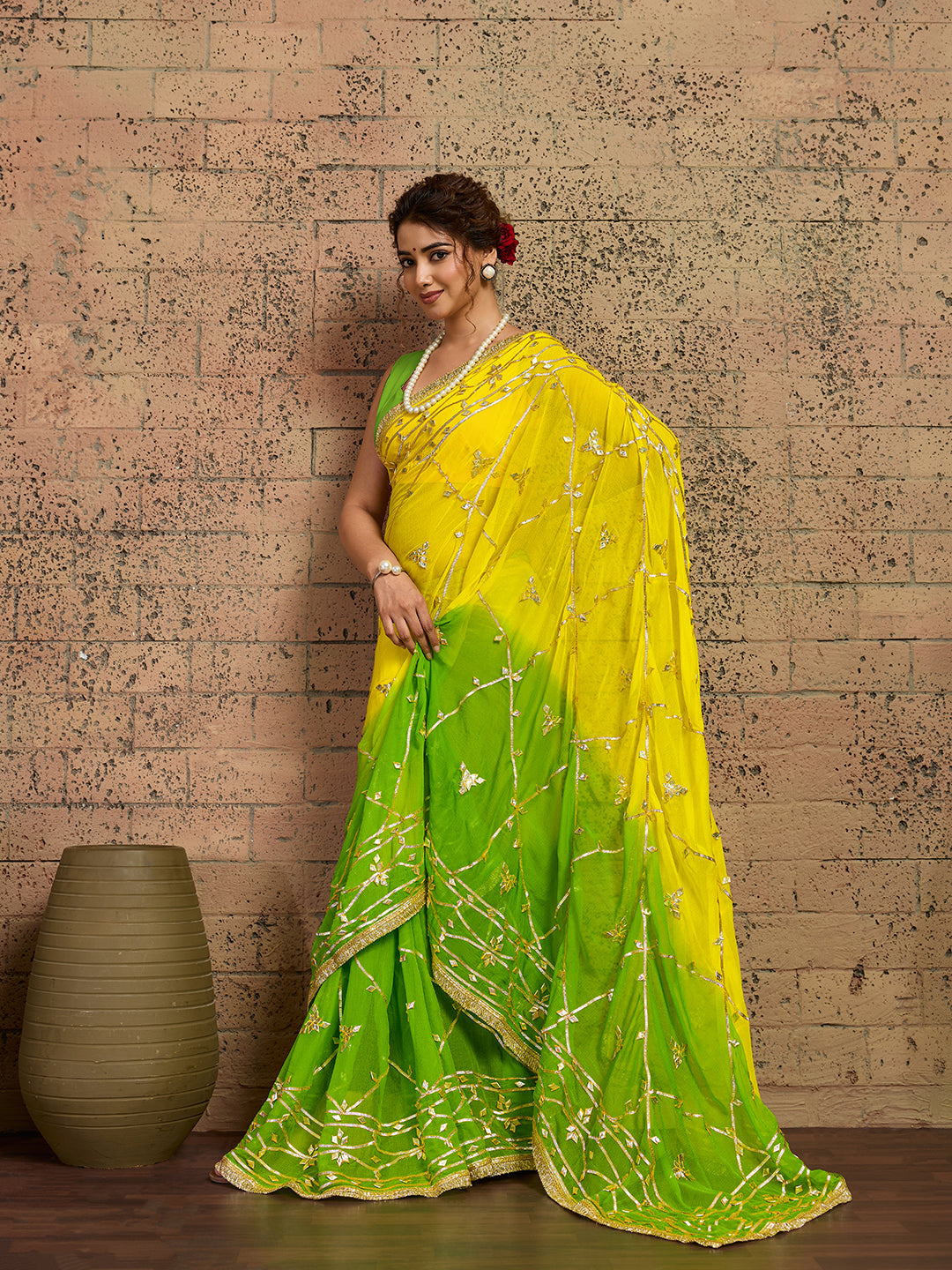 Tanmira Pure Najmeen Chiffon Jaipur Hand Dye Saree with Gota Patti Work MHS
