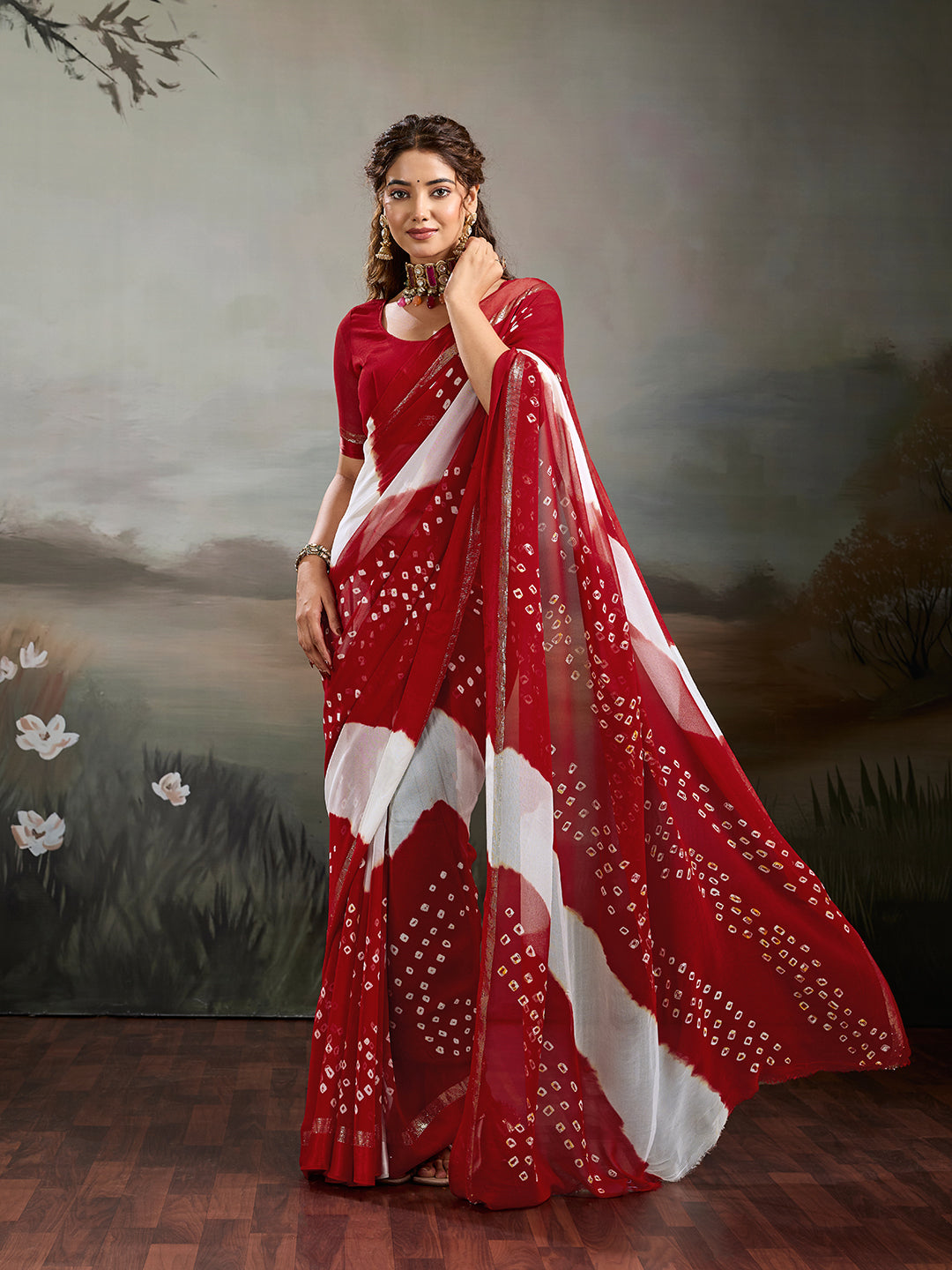 Tanmira New Pure Georgette Multi Colour Satin Patta Border Bandhni saree GRN