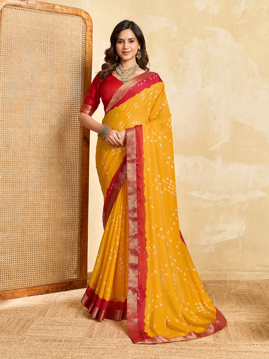 Tanmira New Beautiful Moss Chiffon Georgette Bandhani Sarees Yellow Red