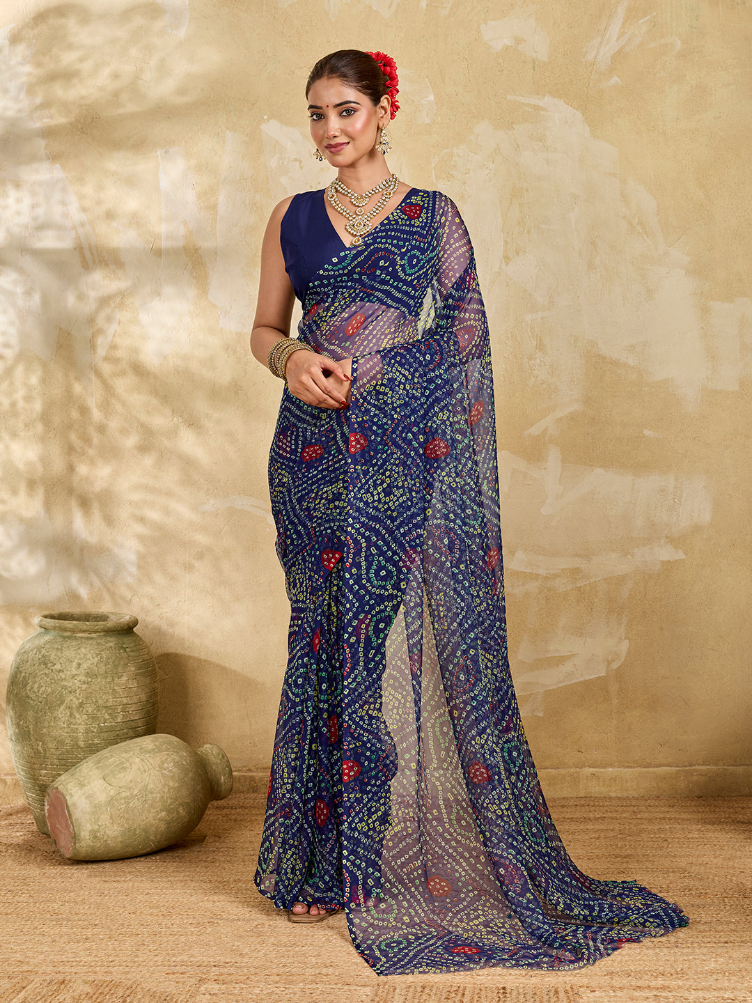 Tanmira Rajwadi Style Royal Georgette Bandhani Sarees Navy Blue