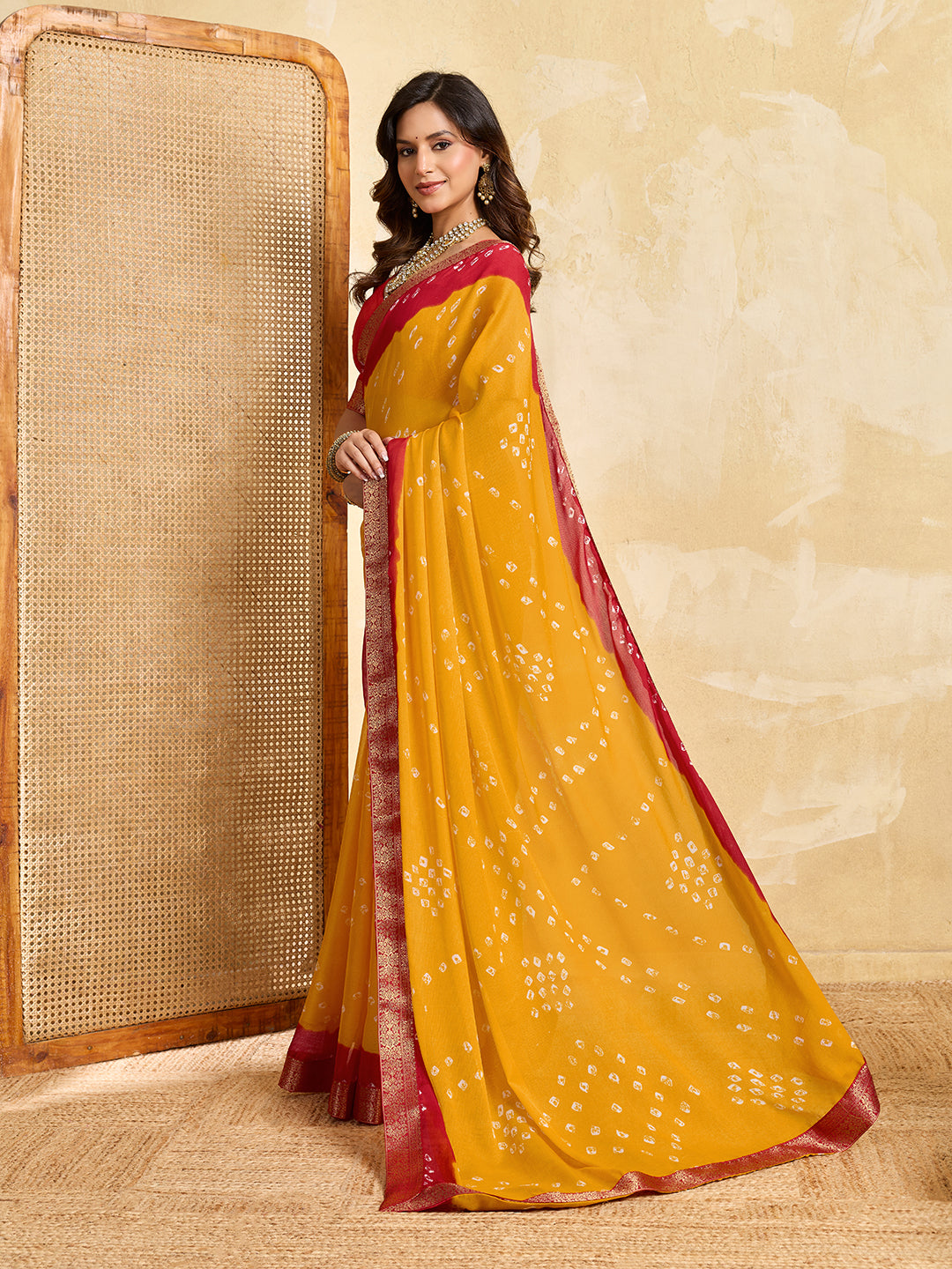 Tanmira New Beautiful Moss Chiffon Georgette Bandhani Sarees Yellow Red