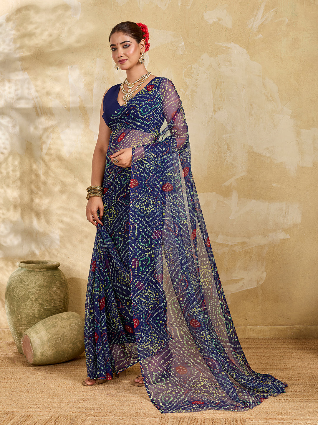 Tanmira Rajwadi Style Royal Georgette Bandhani Sarees Navy Blue