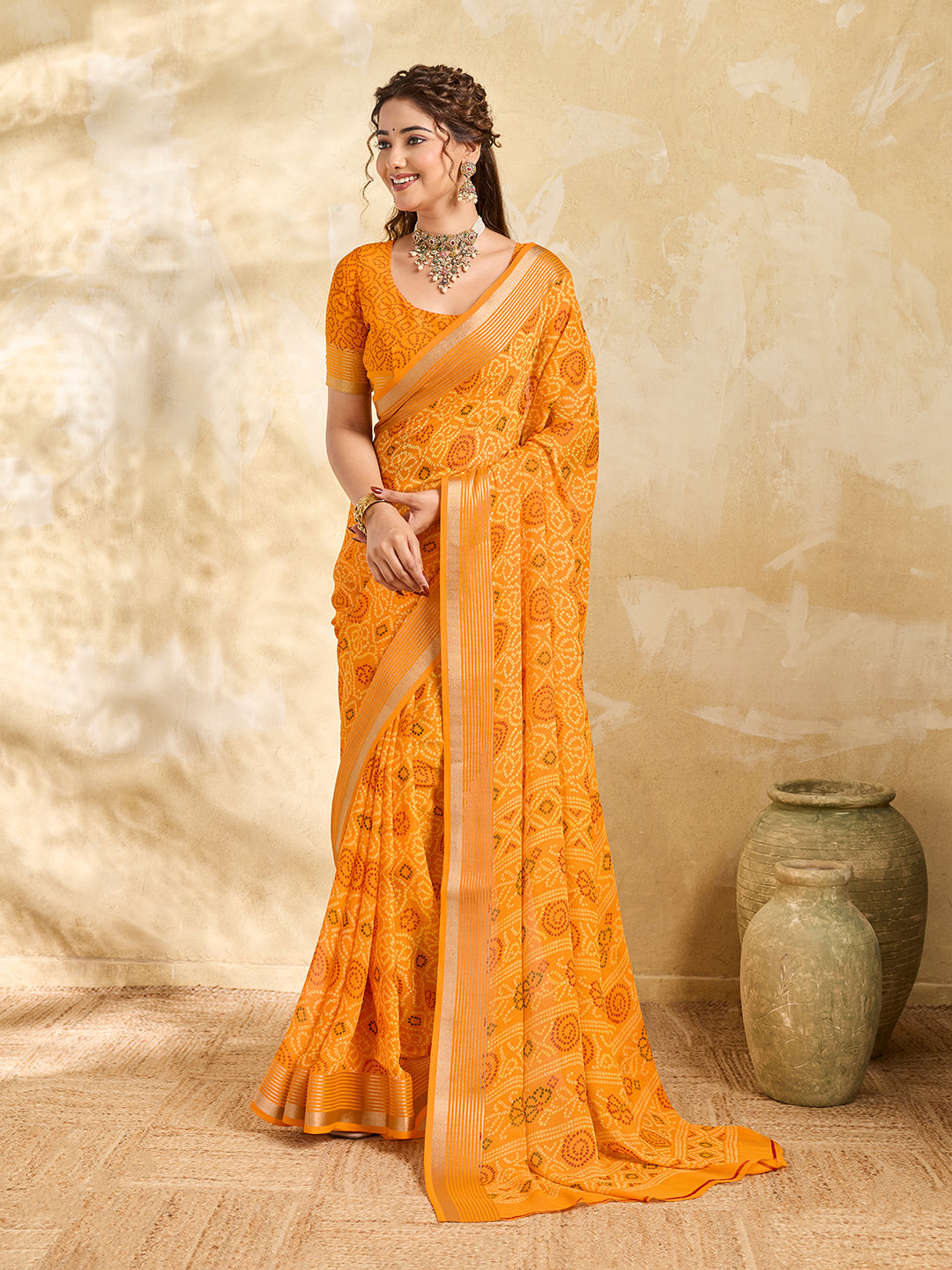 Tanmira New Traditional Bandhani Design Chiffon Saree for Casual Wear KDN