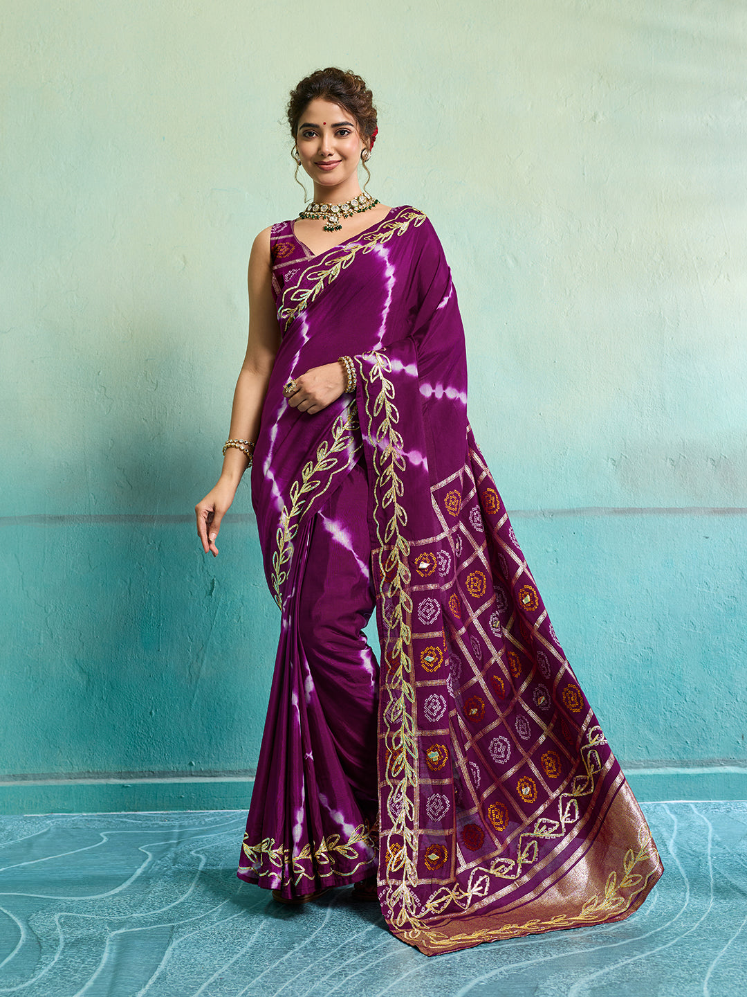 Tanmira Beautiful Bandhani Style Dola Silk Saree with Gotapatti Work Saree GAN