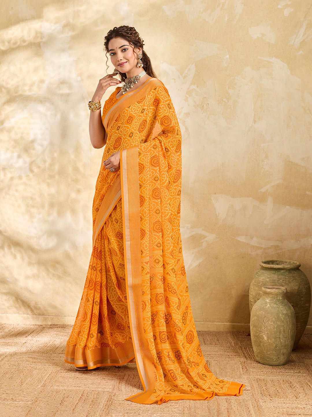 Tanmira New Traditional Bandhani Design Chiffon Saree for Casual Wear KDN