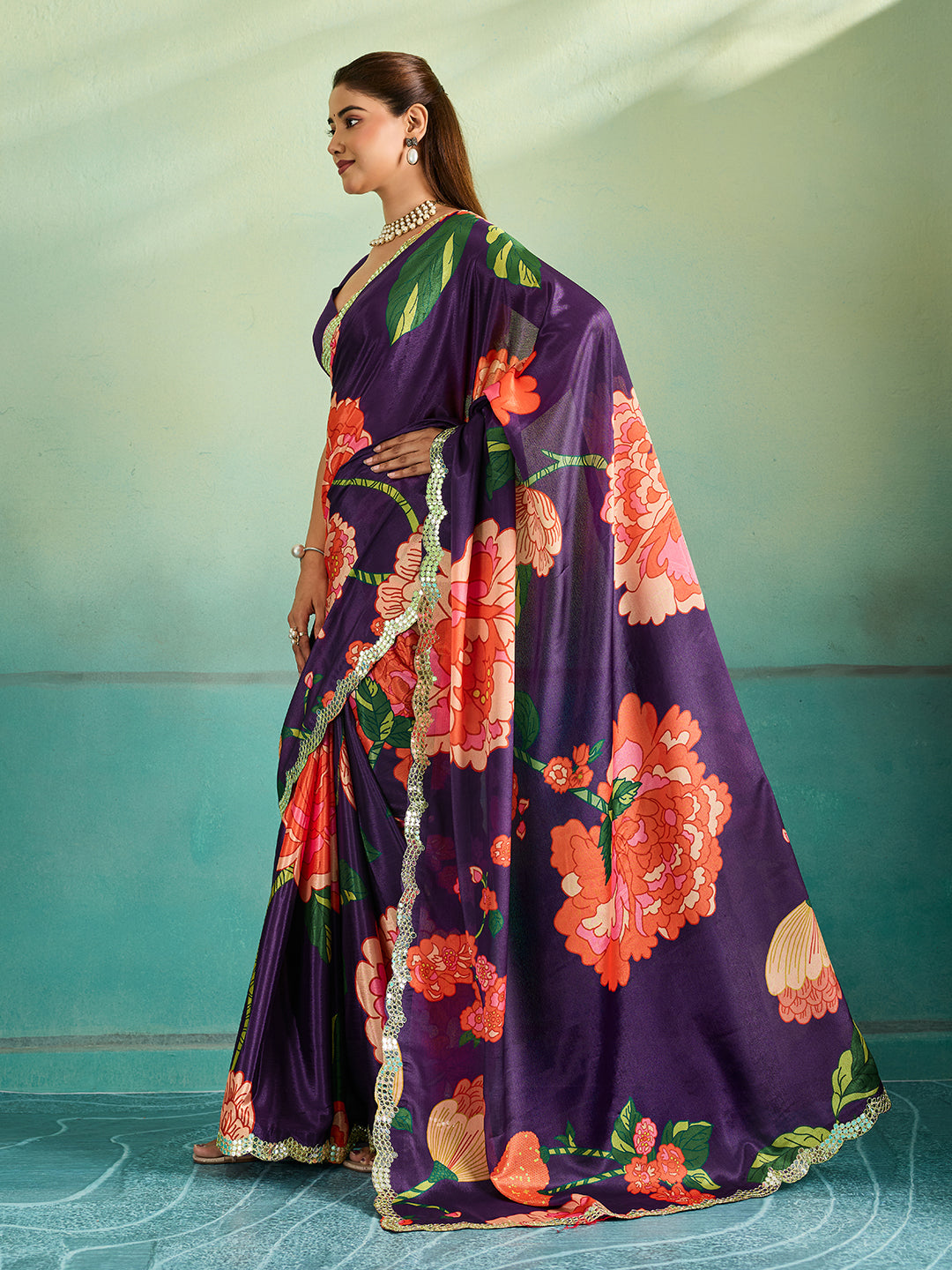 Tanmira Latest Chinon Crape Floral Print Gotapatti Cutwork Border Sarees sana Purple
