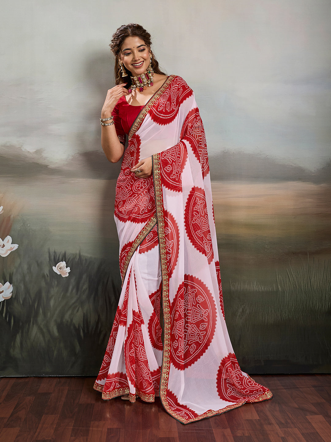 Tanmira New Premium Chiffon Bandhani Saree Fine Tari Work Detailing STL