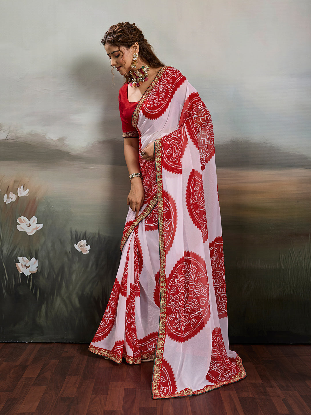 Tanmira New Premium Chiffon Bandhani Saree Fine Tari Work Detailing STL