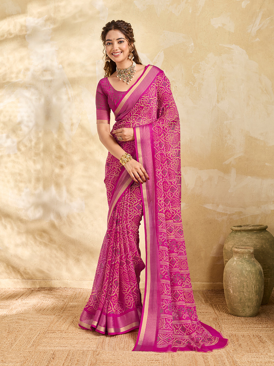 Tanmira New Stylish Bandhani Chiffon Saree with Thread Border KDN