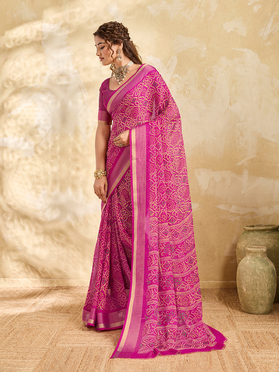 Tanmira New Stylish Bandhani Chiffon Saree with Thread Border KDN