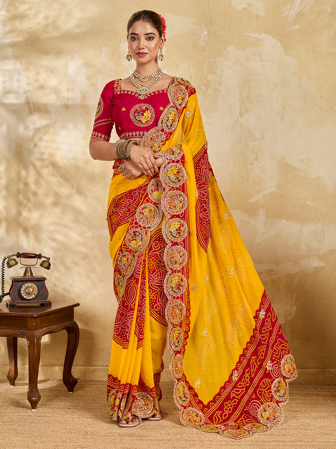 Tanmira New Festive Wear Georgette Bandhani Style Saree with Embroidery Work PDM