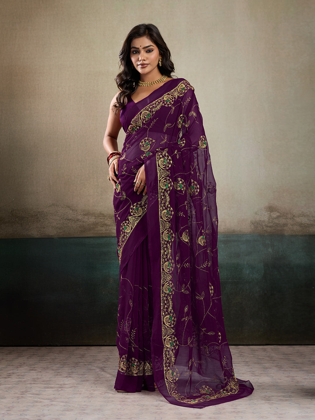 Tanmira New Classic Chiffon Saree with Handcrafted Aari Tari Embellishment JAY