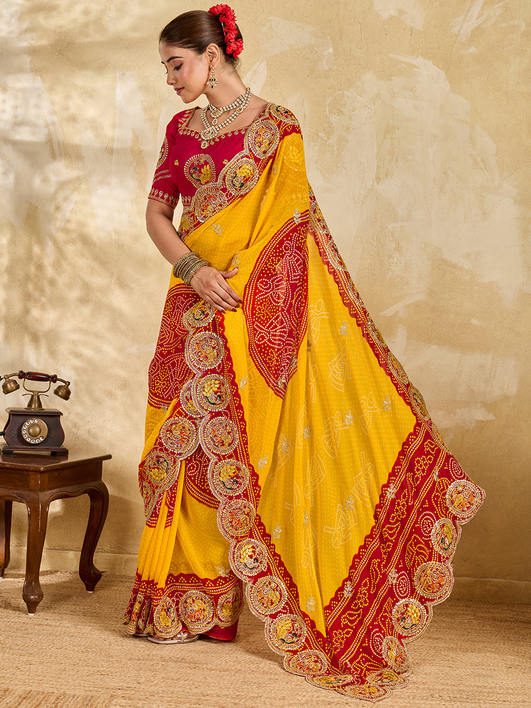 Tanmira New Festive Wear Georgette Bandhani Style Saree with Embroidery Work PDM